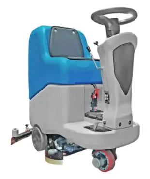Autolaveuse Autoportée Fiorentini ECOSMART 65 48V 110L : une machine de nettoyage bleue et grise avec des roues. Rendement de 4000 mq/h, autonomie de 4 h, réservoir solution de 110L, vitesse d'avancement de 0-6km/h.