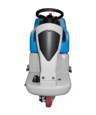 Une machine bleue et blanche avec des roues au sol. Machine de nettoyage autonome Fiorentini ECOSMILE 100 48V 150L. Largeur de travail de 960mm. Moteur d'aspiration de 750W, moteur à brosse de 2x400W, moteur de traction de 500W. Capacité de réservoir de solution de 150L.
