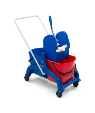 Chariot Filmop FREED en polypropylène avec presse à mâchoire et timon Rilsan. Pratique avec 2 seaux de 15 Litres, roue de 800 mm et des dimensions de 650x410x900 mm.