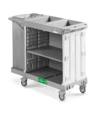 Filmop Chariot ALPHA HOTEL pour une solution pratique et efficace. Base polypropylène, montants asymétriques, supports sacs repliables et bien plus encore.