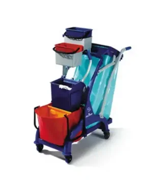 Filmop Chariot ARKA 11 avec base solide, seau bi-bac, support sac et accessoires pratiques. Parfait pour les professionnels. Dimensions: 1070x560x1110 mm.