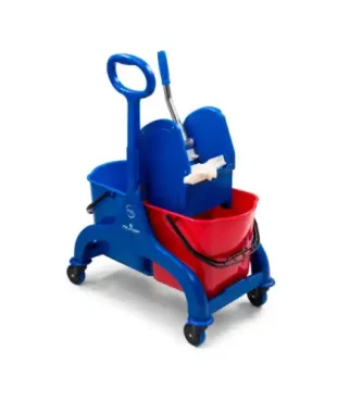 Filmop Chariot FREED - un chariot en polypropylène avec une presse à mâchoire et deux seaux gradués de 15 litres. Facile à manœuvrer avec une hauteur de 880 mm et un poids de 7,6 kg.