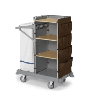 Filmop Chariot MORGAN HOTEL : Transportez vos équipements en toute sécurité avec le chariot Filmop MORGAN HOTEL. Base GM polypropylène, montants en métal rilsan, plateaux en bois. Parfait pour votre hôtel!