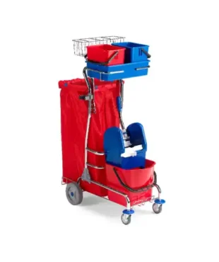 Filmop Chariot PANDA : base bichromatée, paniers pour bouteilles, seaux en plastique, support pour sac et plus encore. Idéal pour l'entretien professionnel.