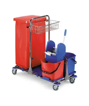Filmop Chariot TEDDY : Le chariot de nettoyage Filmop TEDDY est un équipement essentiel pour les professionnels de l'entretien. Ce chariot est doté d'un support bleu de poignée avec un rouleau en caoutchouc, ce qui facilite le déplacement et la maniabilité du chariot. Il est équipé de paniers spacieux qui permettent de ranger et de transporter facilement tous les outils et produits de nettoyage nécessaires.